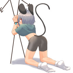 Rule 34 | 1girl, absurdres, animal ears, ass, bike shorts, blue capelet, blush, bound, bound wrists, capelet, clenched teeth, commentary request, crystal, dowsing rod, from behind, full body, greenpiecerice, grey hair, grey shorts, highres, kneeling, looking at viewer, looking back, mouse ears, mouse girl, mouse tail, nazrin, no shoes, red eyes, short hair, shorts, simple background, socks, solo, tail, teeth, touhou, white background, white socks