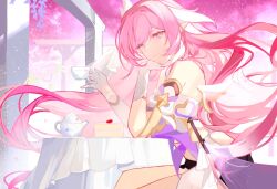Rule 34 | 1girl, absurdres, annnnq, bare legs, bare shoulders, birthday, black shorts, cake, closed mouth, cup, earrings, elysia (herrscher of human:ego) (honkai impact), elysia (honkai impact), food, gloves, hand on own chin, highres, holding, holding cup, honkai (series), honkai impact 3rd, jewelry, long hair, outdoors, pink eyes, pink hair, pink theme, pointy ears, shorts, sitting, smile, solo, teacup, teapot, tree, white gloves