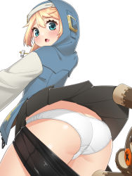 Rule 34 | 1boy, artist request, ass, blonde hair, blush, bridget (guilty gear), butt crack, clothes lift, clothes pull, embarrassed, from behind, green eyes, guilty gear, guilty gear strive, highres, hood, looking back, looking down, mikakeha, open mouth, panties, shiny clothes, shiny skin, short hair, short shorts, shorts, shorts pull, skirt, skirt hold, skirt lift, solo focus, stuffed animal, stuffed toy, teddy bear, trap, underwear