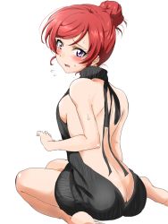 Rule 34 | 10s, 1girl, alternate hairstyle, ass, back, backless outfit, bare back, bare shoulders, barefoot, black sweater, blush, breasts, butt crack, dress, embarrassed, flying sweatdrops, hair bun, hair up, looking at viewer, looking back, love live!, love live! school idol project, meme attire, naked sweater, nishikino maki, open mouth, purple eyes, red hair, shogo (4274732), sideboob, simple background, single hair bun, sitting, solo, sweat, sweater, sweater dress, virgin killer sweater, white background