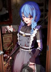 Rule 34 | 1girl, 2others, absurdres, apron, bardiche (weapon), black dress, black gloves, black hair, blood, blood in hair, blood on clothes, blood on face, blood on ground, blood on wall, blue eyes, blue hair, braid, collared dress, commentary request, corpse, death, doorway, dress, feet out of frame, fingerless gloves, gloves, grey apron, hair between eyes, hair ornament, hair over shoulder, hairclip, highres, hiiragi melt, holding, holding polearm, holding weapon, hololive, hoshimachi suisei, hoshimachi suisei (maid), indoors, long hair, looking at viewer, maid, multiple others, official alternate costume, official alternate hairstyle, open door, open mouth, painting (object), polearm, pov doorway, short sleeves, side braid, single braid, smile, solo focus, standing, virtual youtuber, weapon, yandere