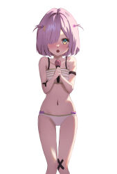 Rule 34 | 1girl, absurdres, belly, blush, bra, breasts, commission, eien project, green eyes, highres, holding, knees, knees up, looking at viewer, microphone, music, navel, nose, one eye covered, open mouth, panties, purple hair, short hair, simple background, singing, small breasts, solo, thighs, underwear, underwear only, virtual youtuber, white background, white bra, white panties, zumi dokumi
