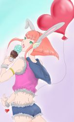 Rule 34 | 1girl, animal ears, artist request, ass, balloon, barara peol, breasts, rabbit ears, fake animal ears, female focus, food, from behind, green eyes, gundam, gundam g no reconguista, hairband, heart, highres, ice cream, licking, looking at viewer, looking back, open mouth, pink hair, short hair, short shorts, shorts, sideboob, smile, solo, tongue, tongue out