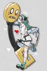Rule 34 | 1girl, 2024, a.b.a, al2o3 na, arc system works, asymmetrical clothes, bags under eyes, bandaged arm, bandages, bandaid, belt, black gloves, blush, breasts, fingerless gloves, from side, gloves, green eyes, green footwear, green hair, grey hair, guilty gear, guilty gear strive, hairband, heart, high heels, highres, holding, holding weapon, huge weapon, key, key in head, leg up, long hair, looking at another, midriff, object through head, paracelsus (guilty gear), pumps, shadow, shirt, simple background, skirt, small breasts, smile, standing, standing on one leg, sweatdrop, swept bangs, weapon, white shirt, white skirt