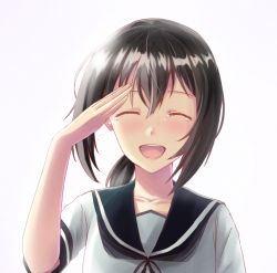 10s 1girl black_hair closed_eyes collarbone female_focus fubuki_(kancolle) kantai_collection low_ponytail open_mouth ponytail sailor_collar salute school_uniform serafuku short_ponytail sidelocks simple_background solo tears teeth upper_body upper_teeth_only white_background yoake_no_koromo