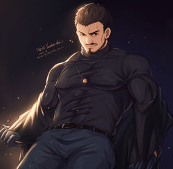 Rule 34 | 1boy, alternate facial hair, bara, beard, black shirt, brown hair, bulge, chris redfield, come hither, covered abs, covered erect nipples, denim, facial hair, from below, highres, jacket, jeans, jewelry, large pectorals, looking at viewer, male focus, mature male, muscular, muscular male, mustache, necklace, open clothes, open jacket, pants, pectorals, resident evil, resident evil 5, seductive smile, shirt, short hair, sideburns, smile, solo, taut clothes, taut shirt, thick thighs, thighs, undressing, yaekaidou