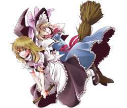 Rule 34 | 2girls, alice margatroid, blonde hair, broom, broom riding, female focus, hat, kirisame marisa, mb, multiple girls, multiple riders, sidesaddle, simple background, touhou, white background, witch, witch hat, youko (santarose)