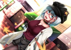 Rule 34 | 1girl, :d, admiral graf spee (azur lane), azur lane, black pantyhose, black shirt, black shorts, blue eyes, blush, braid, breasts, cabbie hat, casual, collar, collarbone, commentary request, glasses, hair between eyes, hat, large breasts, leaning forward, looking at viewer, multicolored hair, open mouth, outdoors, pantyhose, pon (koteigainen), red-framed eyewear, red hair, semi-rimless eyewear, shirt, short hair, shorts, side braid, silver hair, smile, solo, standing, streaked hair