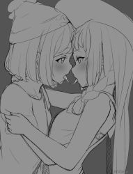 Rule 34 | 2girls, after kiss, arched back, artist name, bad id, bad pixiv id, bare arms, bare shoulders, beanie, blush, braid, creatures (company), dress, from side, game freak, grey background, greyscale, half-closed eyes, hand on another&#039;s shoulder, hat, hug, lillie (pokemon), long hair, monochrome, multiple girls, nintendo, notori d, open mouth, pokemon, pokemon sm, profile, selene (pokemon), short hair, simple background, sleeveless, sleeveless dress, sun hat, tongue, tongue out, twin braids, upper body, yuri