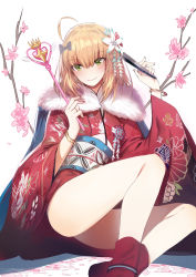 Rule 34 | 1girl, artoria pendragon (fate), blonde hair, clare (543), fate/grand order, fate (series), green eyes, highres, japanese clothes, kimono, looking at viewer, nengajou, new year, saber (fate), short hair, smile, solo