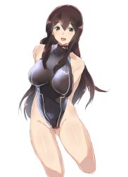 Rule 34 | 10s, 1girl, :d, akagi (kancolle), arms behind back, bare shoulders, black hair, breasts, brown eyes, brown hair, cropped legs, female focus, fusou (kancolle), heigani, highleg, highleg swimsuit, kantai collection, large breasts, long hair, looking at viewer, one-piece swimsuit, open mouth, sketch, smile, solo, standing, swimsuit, turtleneck