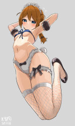 Rule 34 | 1girl, arm cuffs, armpits, arms up, baba konomi, bare shoulders, black footwear, blue eyes, blush, braid, breasts, brown hair, commentary, fishnet thighhighs, fishnets, full body, grey background, halterneck, highres, idolmaster, idolmaster million live!, long hair, looking at viewer, midriff, myeolchi, navel, panties, rabbit tail, single braid, small breasts, solo, spaghetti strap, sweatdrop, tail, thigh strap, thighhighs, underwear, underwear only, white panties, white thighhighs