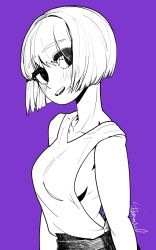 Rule 34 | 1girl, bare arms, bob cut, breasts, head tilt, highres, looking at viewer, medium breasts, monochrome, original, pants, parted lips, purple background, purple theme, short hair, sideboob, signature, solo, sparrowl, upper body
