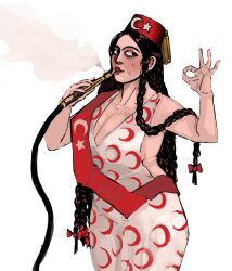 Rule 34 | 1girl, absurdres, blowing smoke, braid, breasts, brown hair, cleavage, crescent print, dress, fez hat, hand up, highres, hookah, large breasts, long hair, morfinist176926, ok sign, original, personification, print dress, red lips, simple background, smoke, smoking, solo, standing, star and crescent, sweat, turkey (country), turkish clothes, turkish flag, white background