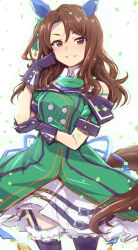 Rule 34 | 1girl, animal ears, bare shoulders, black gloves, black thighhighs, brown hair, buttons, cowboy shot, dress, ear covers, frilled dress, frilled thighhighs, frills, garter straps, gloves, green dress, hair between eyes, highres, horse ears, horse girl, horse tail, king halo (umamusume), layered dress, nakahira guy, red eyes, solo, tail, thighhighs, umamusume