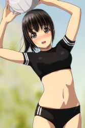 Rule 34 | 1girl, :d, absurdres, arms up, ball, black buruma, black hair, black shirt, blurry, blurry background, blush, breasts, brown eyes, buruma, crop top, day, depth of field, highres, holding, holding ball, leaning to the side, matsunaga kouyou, medium breasts, midriff, navel, nose blush, open mouth, original, outdoors, round teeth, shirt, short sleeves, smile, solo, teeth, upper teeth only, volleyball, volleyball (object)