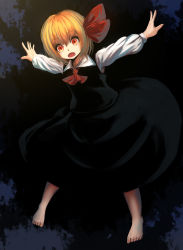 Rule 34 | 1girl, :o, barefoot, berabou, blonde hair, blouse, dark, darkness, fangs, hair ribbon, highres, orange eyes, outstretched arms, ribbon, rumia, shirt, short hair, skirt, spread arms, touhou, vest
