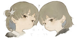 Rule 34 | 2girls, ?, artist name, bandaid on ear, brown eyes, brown hair, closed mouth, collared shirt, colored inner hair, commentary request, cropped shoulders, dotted line, dual persona, expressionless, grey hair, hair ornament, half-closed eyes, hatoba tsugu, heads together, jippu (45fun), looking at viewer, looking to the side, medium hair, mole, mole under eye, multicolored hair, multiple girls, notice lines, shirt, single hair ring, star (symbol), star hair ornament, title, translation request, tsugu (vtuber), virtual youtuber, white background