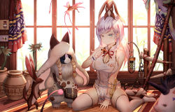 Rule 34 | 1girl, aaeru, animal, animal on head, bare shoulders, blush, braid, breasts, cat, cleavage, collarbone, commentary request, dress, green eyes, highres, horns, indoors, large breasts, long hair, looking at viewer, mole, mole under eye, monster hunter, monster hunter: world, monster hunter (series), no panties, on head, smile, thighhighs, twin braids, white dress, white hair, white thighhighs, window