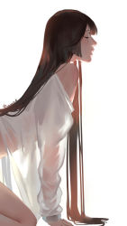 Rule 34 | 1girl, all fours, bare shoulders, black hair, closed eyes, from side, highres, kamachi kamachi-ko, long hair, naked shirt, off shoulder, original, out-of-frame censoring, see-through, shirt, solo, very long hair