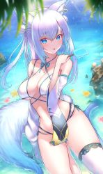 Rule 34 | 1girl, absurdres, animal ears, arm support, bare shoulders, bikini, blue eyes, blunt bangs, breasts, collarbone, day, detached sleeves, food, fox ears, fox girl, fox tail, frilled bikini, frills, from above, gore (white gore), highres, huge filesize, long hair, looking at viewer, medium breasts, original, outdoors, palm leaf, palm tree, popsicle, revealing clothes, short eyebrows, side-tie bikini bottom, sideboob, silver hair, single thighhigh, sitting, slingshot swimsuit, solo, swimsuit, tail, thighhighs, thighs, tongue, tongue out, tree, underboob, water, white thighhighs, wide sleeves