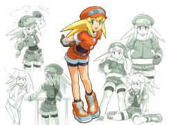 Rule 34 | 1girl, bike shorts, bike shorts under shorts, blonde hair, boots, brown gloves, cabbie hat, coat, embarrassed, full body, fur trim, gloves, green eyes, hat, holding, holding wrench, jacket, kondoo, long hair, looking at viewer, mega man (series), mega man legends (series), multiple views, naked towel, open mouth, partially colored, red headwear, red jacket, red shorts, roll caskett (mega man), shorts, sitting, smile, towel, winter clothes, wrench