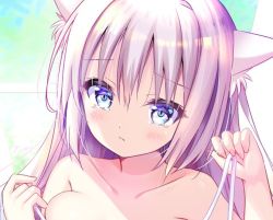 Rule 34 | 1girl, animal ear fluff, animal ears, bad id, bad pixiv id, bare shoulders, bikini, bikini top only, blue eyes, blush, breasts, cat ears, cat girl, close-up, closed mouth, collarbone, commentary request, crying, curtains, embarrassed, head tilt, holding, holding bikini, holding bikini top, holding clothes, holding swimsuit, medium breasts, original, shiwasu horio, silver hair, slit pupils, solo, swimsuit, tearing up, undressing, white bikini, window