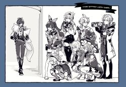 Rule 34 | 3boys, 5girls, albedo (genshin impact), amber (genshin impact), backpack, bag, boots, character name, closed eyes, closed mouth, coat, dodoco (genshin impact), eula (genshin impact), eyepatch, genshin impact, gloves, greyscale, hairband, happy birthday, hat, high heels, highres, holding, hood, hood down, jean (genshin impact), kaeya (genshin impact), klee (genshin impact), lisa (genshin impact), long hair, long sleeves, mika (genshin impact), monochrome, multiple boys, multiple girls, nendo (n), open mouth, ponytail, randoseru, short sleeves, squatting, sweat, thighhighs, witch hat