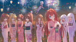 6+girls ;) air_(visual_novel) alternate_costume alternate_hairstyle angel_beats! antenna_hair arms_behind_back backlighting bell blonde_hair blue_eyes blunt_bangs bow braid brown_hair can cherry_blossom_print clannad closed_mouth commentary company_connection crossover eating feet_out_of_frame festival fireworks floral_print floral_print_kimono flower flying food furukawa_nagisa green_eyes hair_bell hair_bow hair_flower hair_intakes hair_ornament hair_ribbon hairclip hand_up highres holding holding_can holding_candy_apple holding_food holding_popsicle japanese_clothes jingle_bell kagari_(rewrite) kamio_misuzu kamiyama_shiki kanbe_kotori kanon kanzashi key_(company) kimono little_busters! long_hair long_ribbon long_sleeves looking_at_viewer medium_hair multiple_crossover multiple_girls naruse_shiroha natsume_rin night one_eye_closed onigiri outdoors pink_bow pink_kimono ponytail popsicle print_kimono purple_kimono red_flower red_hair red_ribbon rewrite ribbon shiki_hamaguri sidelocks smile standing straight_hair summer_pockets tachibana_kanade taiyaki tsukimiya_ayu twin_braids v very_long_hair wagashi watermelon_bar white_flower white_hair white_ribbon wide_sleeves yellow_eyes yukata