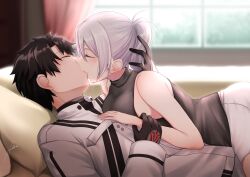 Rule 34 | 1boy, 1girl, bare shoulders, black gloves, black hair, blush, breasts, closed eyes, command spell, commission, fate/grand order, fate (series), fujimaru ritsuka (male), fujimaru ritsuka (male) (decisive battle chaldea uniform), gloves, grey hair, high ponytail, highres, ichi kq, in-franchise crossover, jacket, kiss, large breasts, long sleeves, medium hair, melty blood, pixiv commission, riesbyfe stridberg, short hair, tsukihime, white jacket