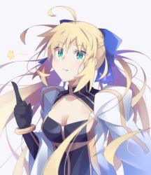 Rule 34 | 1girl, ahoge, artoria caster (fate), artoria caster (third ascension) (fate), artoria pendragon (fate), black gloves, blonde hair, blue bow, blush, bow, bracelet, breasts, cleavage, clothing cutout, collarbone, commentary request, dress, elbow gloves, facial mark, fate/grand order, fate (series), floating hair, forehead mark, gloves, green eyes, grin, hair between eyes, hair bow, highres, index finger raised, jewelry, juliet sleeves, long hair, long sleeves, looking at viewer, puffy sleeves, sidelocks, simple background, small breasts, smile, solo, star (symbol), twintails, upper body, uryu0270, very long hair, white background, white dress, wide sleeves