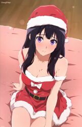 Rule 34 | 1girl, alternate costume, artist name, bed, belt, black hair, blush, bow, breasts, cleavage, closed mouth, collarbone, commentary, dress, english commentary, frown, fur-trimmed dress, fur trim, hand on own thigh, hat, hibike! euphonium, highres, indoors, kousaka reina, large breasts, long hair, looking at viewer, medium breasts, mixed-language commentary, off-shoulder dress, off shoulder, on bed, purple eyes, red dress, red hat, santa dress, santa hat, short dress, sitting, solo, strap slip, usagihop, wooden floor