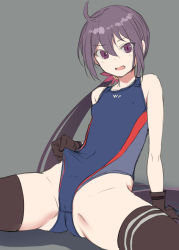 Rule 34 | 1girl, ahoge, akebono, akebono (kancolle), black gloves, black thighhighs, blue one-piece swimsuit, bosshi, clothes pull, competition swimsuit, flat chest, flower, gloves, grey background, hair flower, hair ornament, highres, kantai collection, long hair, looking at viewer, one-piece swimsuit, one-piece swimsuit pull, purple eyes, purple hair, side ponytail, simple background, solo, spread legs, swimsuit, thighhighs, unfinished, very long hair