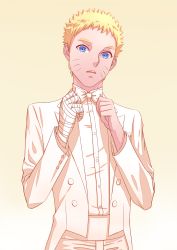 Rule 34 | 1boy, adjusting clothes, bad id, bad pixiv id, bandages, blonde hair, blue eyes, bow, bowtie, formal, groom, haneru, highres, looking at viewer, male focus, naruto, naruto (series), short hair, solo, suit, traditional bowtie, tuxedo, uzumaki naruto, white suit