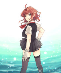 Rule 34 | 1girl, ahoge, arashi (kancolle), ascot, black shirt, black thighhighs, black vest, blouse, brown eyes, depth charge, dress shirt, feet out of frame, from behind, gloves, kantai collection, looking at viewer, looking back, neckerchief, pleated skirt, red hair, red neckwear, school uniform, shirt, shishanmo, short hair, short sleeves, skirt, solo, standing, thighhighs, vest, white shirt