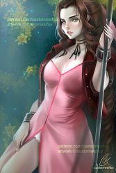 Rule 34 | 1girl, aerith gainsborough, blush, bracelet, braid, breasts, brown hair, choker, cleavage, coat, collarbone, custom waifus, dress, final fantasy, final fantasy vii, green eyes, hair ribbon, jewelry, large breasts, lips, long hair, looking at viewer, panties, parted lips, pink dress, pink ribbon, pole, ponytail, red coat, ribbon, solo, square enix, square soft, thighs, underwear, very long hair, weapon, white panties