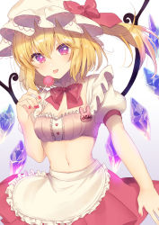 Rule 34 | 1girl, :p, absurdres, adapted costume, alternate breast size, alternate eye color, apron, blonde hair, blush, bow, bowtie, breasts, candy, cleavage, cowboy shot, crop top, crystal, flandre scarlet, food, frilled apron, frills, gradient background, grey background, hair between eyes, hand up, hat, hat bow, highres, holding, holding food, lollipop, long hair, looking at viewer, midriff, miniskirt, mob cap, nail polish, navel, nenobi (nenorium), one side up, puffy short sleeves, puffy sleeves, purple eyes, red bow, red bowtie, red nails, red skirt, short sleeves, skirt, small breasts, solo, stomach, tongue, tongue out, touhou, waist apron, white apron, white background, white hat, wings