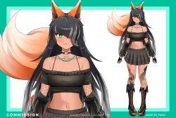 Rule 34 | 1girl, absurdres, animal ear fluff, animal ears, bare shoulders, black choker, black footwear, black hair, black shirt, black skirt, boots, bra strap, choker, commentary, crop top, cross-laced footwear, dark skin, detached sleeves, fishnets, fox ears, fox tail, green eyes, highres, jewelry, lace-up boots, leg tattoo, long hair, long sleeves, looking at viewer, midriff, multiple views, navel, necklace, off-shoulder shirt, off shoulder, original, panic (panic0w), pleated skirt, shirt, skirt, smile, standing, stomach, tail, tattoo, very long hair