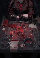 Rule 34 | 1boy, absurdres, arm strap, black shirt, blade, blood, blood stain, book, bookmark, chain, closed mouth, collared shirt, crossed arms, genshin impact, head out of frame, highres, jacket, jacket on shoulders, male focus, nail, necktie, notes, paper, pogogu, red necktie, scar, scar on arm, shirt, solo, table, tools, wriothesley (genshin impact), wrist cuffs