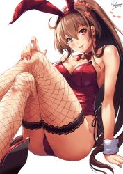 Rule 34 | 1girl, ahoge, animal ears, arm support, artist name, ass, bare shoulders, blush, breasts, brown hair, cleavage, collarbone, commentary request, crossed legs, detached collar, earrings, fake animal ears, fingernails, fishnet thighhighs, fishnets, hair intakes, hand on own knee, highres, jewelry, kantai collection, large breasts, leotard, long hair, looking at viewer, nail polish, parted lips, playboy bunny, ponytail, purple eyes, red footwear, red leotard, red nails, sakiyamama, sidelocks, simple background, sitting, solo, thighhighs, very long hair, white background, wrist cuffs, yamato (kancolle)