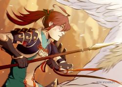 Rule 34 | 1boy, ahoge, artist name, feathered wings, feathers, fire emblem, fire emblem fates, gloves, highres, injury, long hair, male focus, nintendo, pegasus, polearm, ponytail, red eyes, red hair, reropumpkin, solo, spear, subaki (fire emblem), teeth, weapon, wings