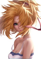 Rule 34 | 1girl, bad id, bad pixiv id, bare shoulders, blonde hair, blush, breasts, collarbone, commentary request, face, fate/grand order, fate (series), green eyes, hair ornament, hair scrunchie, highres, hua-j, long hair, looking at viewer, messy hair, mordred (fate), mordred (fate/apocrypha), ponytail, red scrunchie, scrunchie, shirt, simple background, small breasts, smile, solo, white background, white shirt