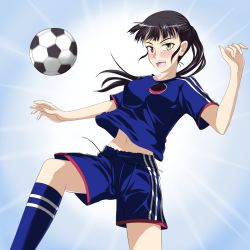 Rule 34 | 1girl, 2014 fifa world cup, alternate costume, ball, black hair, blush, heterochromia, highres, jatts, looking at viewer, md5 mismatch, midriff, ponytail, sakamoto mio, shorts, soccer, soccer ball, soccer uniform, solo, sportswear, strike witches, uniform, world cup, world witches series