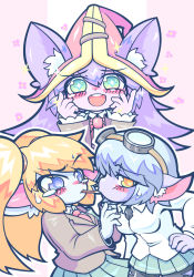Rule 34 | 3girls, :d, animal ear fluff, blonde hair, blush stickers, breasts, commentary request, food, furrowed brow, goggles, goggles on head, green eyes, green skirt, hat, highres, kayo!! (gotoran), league of legends, long hair, lulu (league of legends), medium breasts, multiple girls, necktie, open mouth, pink background, pleated skirt, pocky, poppy (league of legends), purple eyes, purple hair, red neckwear, simple background, skirt, smile, sweat, sweatdrop, tristana, yellow eyes, yordle, yuri