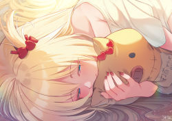 Rule 34 | 1girl, akai haato, blonde hair, blue eyes, blush, commentary request, hugging doll, haaton (akai haato), hair between eyes, hair ornament, half-closed eyes, hand up, heart, heart hair ornament, highres, hololive, long hair, lying, magowasabi, nail polish, hugging object, on side, one side up, red nails, shirt, short sleeves, signature, solo, twitter username, upper body, virtual youtuber, white shirt
