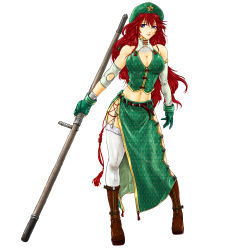 Rule 34 | 1girl, adapted costume, asymmetrical clothes, bare shoulders, belt, blue eyes, boots, braid, breasts, cleavage, cleavage cutout, clothing cutout, female focus, full body, garter straps, gloves, hat, highres, hong meiling, large breasts, ledjoker07, lips, long hair, navel, polearm, red hair, solo, staff, thighhighs, touhou, twin braids, weapon, white background, white thighhighs