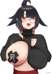 Rule 34 | 1girl, :d, artist name, black hair, black sweater, blush, breasts, clothes lift, earrings, girls&#039; frontline, girls&#039; frontline neural cloud, hair ornament, heart, highres, huge breasts, jewelry, kion-kun, long sleeves, looking at viewer, mole, mole under mouth, monocle, navel, no bra, nora (neural cloud), open mouth, pasties, red eyes, ribbed sweater, short hair, sidelocks, simple background, smile, solo, sweater, sweater lift, turtleneck, turtleneck sweater, upper body, white background
