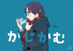 Rule 34 | 1girl, black hair, blue background, braid, breath, commentary request, flower, from side, fukumaru koito, hair flower, hair ornament, highres, idolmaster, idolmaster shiny colors, long sleeves, open mouth, paayan (hagakinorock54), plaid, plaid scarf, purple eyes, red scarf, scarf, simple background, solo, translation request, upper body