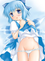 Rule 34 | 1girl, cirno, clothes lift, dress, embodiment of scarlet devil, female focus, gradient background, panties, skirt, skirt lift, solo, touhou, underwear, white background