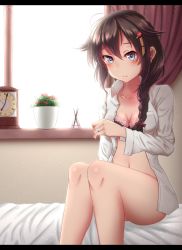 Rule 34 | 10s, 1girl, ahoge, bare legs, bed sheet, blouse, blue eyes, blush, braid, breasts, brown hair, collarbone, commentary request, hair between eyes, hair flaps, hair ornament, hair over shoulder, hairclip, highres, indoors, jewelry, kantai collection, letterboxed, long hair, long sleeves, looking at viewer, medium breasts, navel, nuka (nvkka), on bed, open clothes, open shirt, ring, shigure (kancolle), shigure kai ni (kancolle), shirt, single braid, sitting, solo, thighs, wedding ring, white shirt
